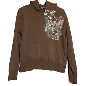 NILS Hoodie Sweatshirt Long Sleeve Pullover Kangaroo Pocket Graffiti Brown L